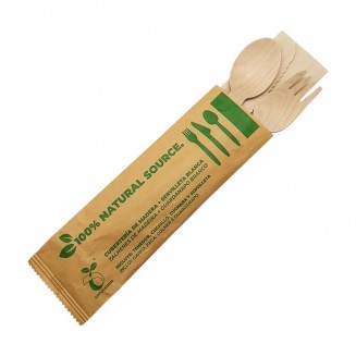 SET DE CUBIERTOS DE MADERA (TENEDOR, CUCHARA Y CUCHILLO) (500 Uds)